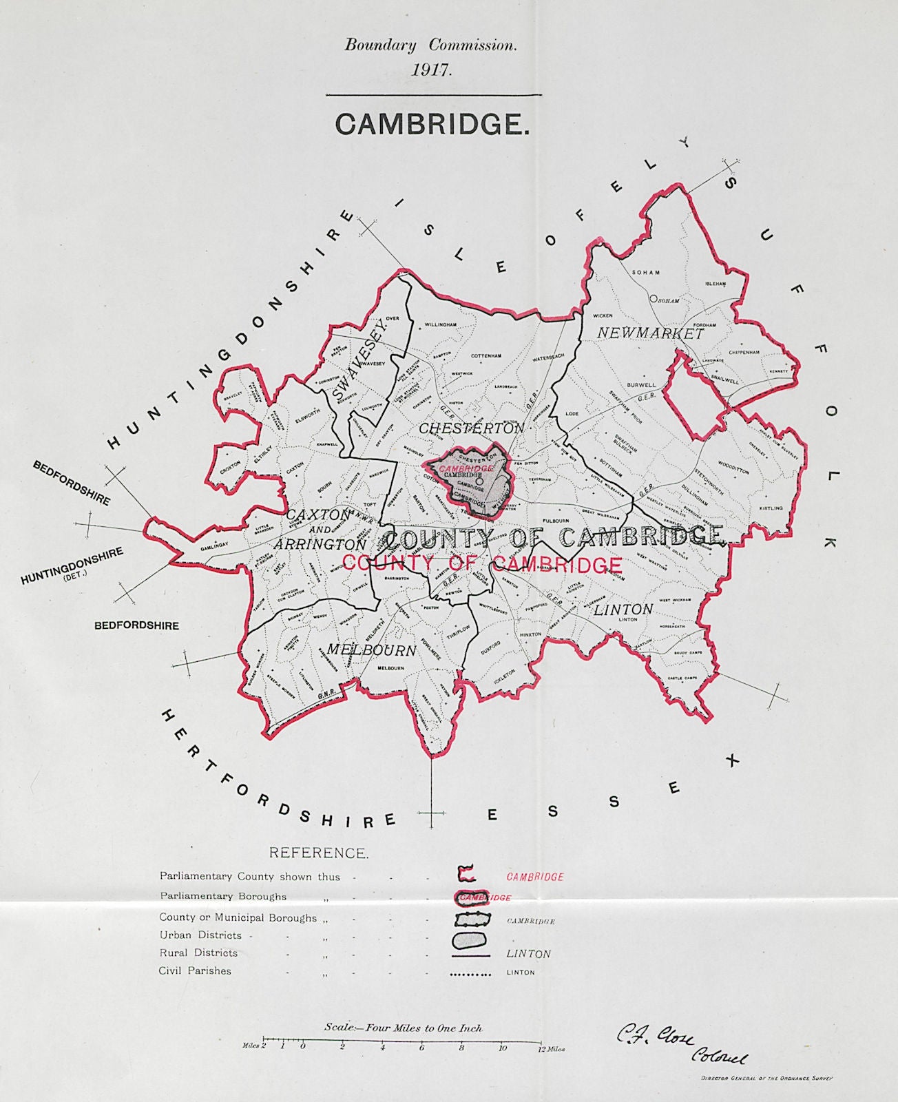 Cambridge Parliamentary County. BOUNDARY COMMISSION. Close 1917 old map